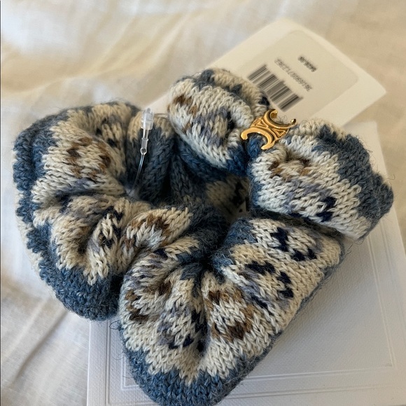 Celine Blue, Cream & Brown Knit Scrunchie with Gold Triomphe hair tie $435 - Picture 4 of 4
